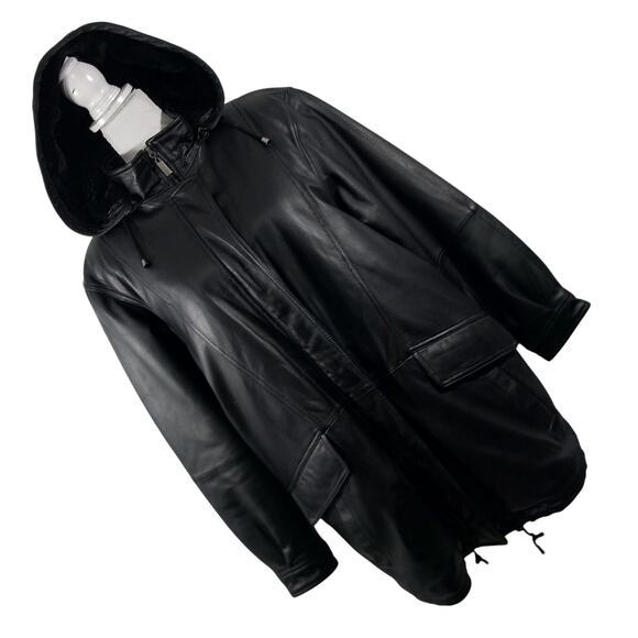 CHARLES KLEIN! CLASSIC BLACK GENUINE LEATHER PARKA STYLE ZIP OFF HOOD COAT! SZ L - Picture 13 of 13